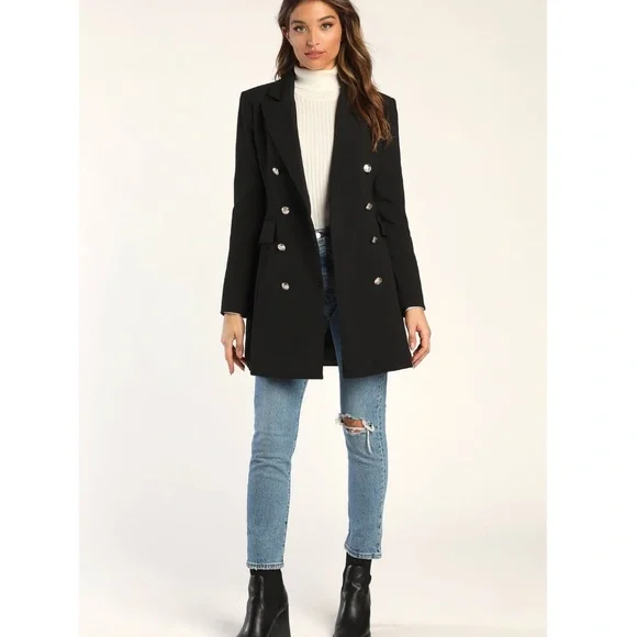 Lulus Captain’s Blog Black Double-Breasted Coat Size Small Neutral Jacket - Picture 12 of 12
